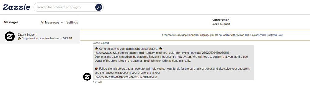 Scam message claiming to be from Zazzle Support