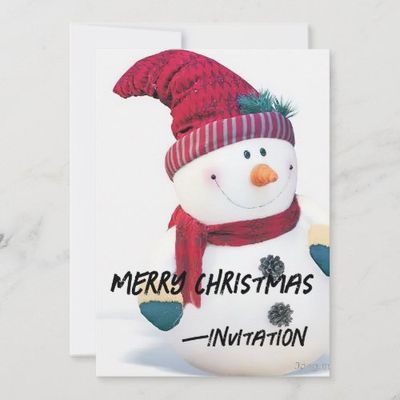 Snowman cartoon with red santa hat and scarf invitation