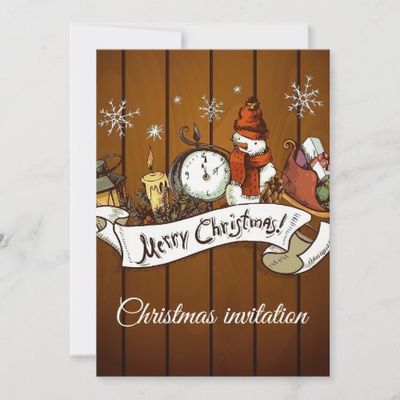 candles, snowman, clock, brown floor invitation
