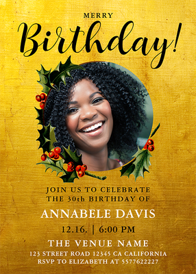 Zazzle Stylish Glam Gold Christmas Wreath Birthday Photo Invitation (Front (Vertical)) (1).png