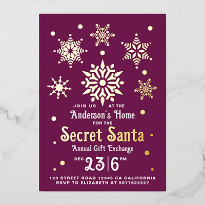Zazzle Stylish Burgundy Secret Santa Snowflake Invitation (Front).png