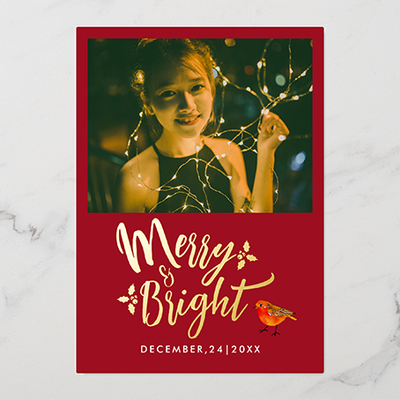 Zazzle Stylish Merry And Bright Red Christmas Robin Photo Foil Holiday Card (Front) (1).png