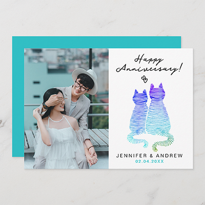 Zazzle Modern Anniversary Gradient Blue Cats Love Photo Holiday Card (Front_Back).png