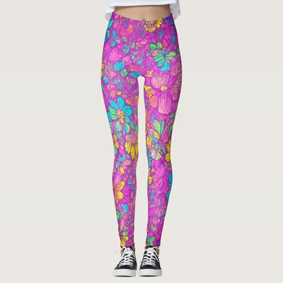 Zazzle Pretty Floral Colorful Pink Boho Hippie Pattern Leggings (Front).png