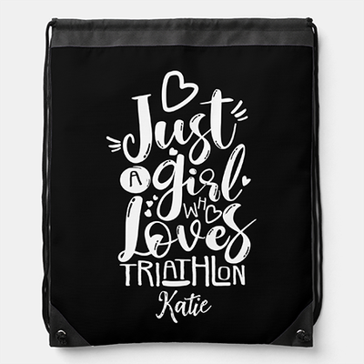 Zazzle Cool Triathlon Girl Motivation Customizable Black Drawstring Bag (Front).png