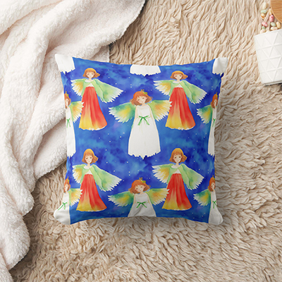 Zazzle Cute Colorful Guardian Angels Blue Watercolor Kids Throw Pillow (Blanket).png
