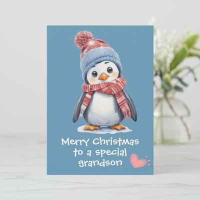 Blue Penguin Christmas Holiday Postcard for Kids