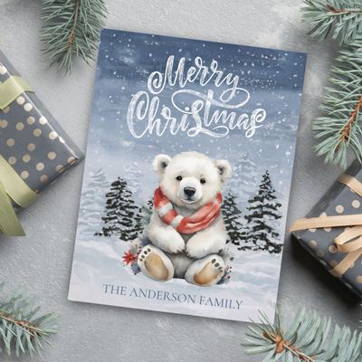 Cozy Polar Bear with Red Scarf Flat Christmas Holiday Postcard