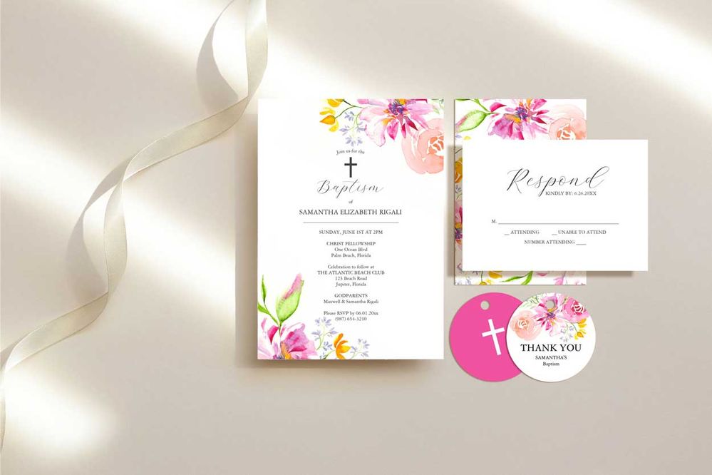 Girl baptism invitations watercolor pink flowers by Victoria Grigaliunas of Do Tell A Belle