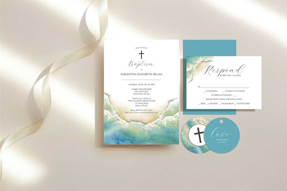Ocean baptism invitations and stationery watercolor art by Victoria Grigaliunas of Do Tell A Belle