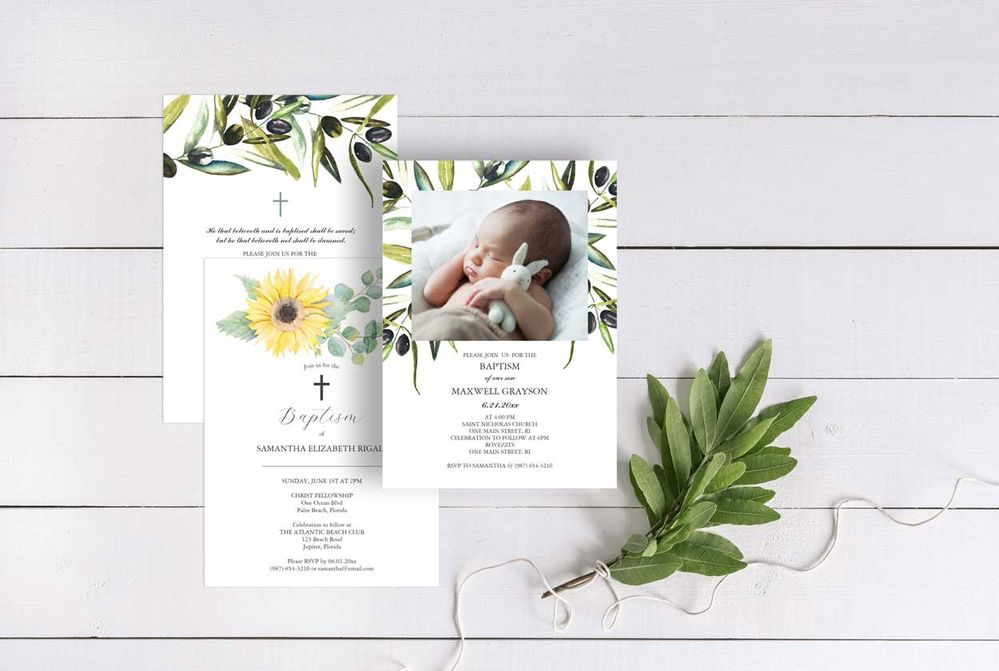 Baptism invitations watercolor art by Victoria Grigaliunas of Do Tell A Belle