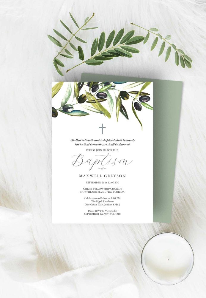 Baptism invitation watercolor olive branch by Victoria Grigaliunas of Do Tell A Belle
