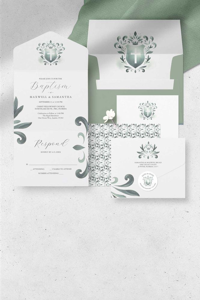 Baptism invitations and stationery gender neutral sage green