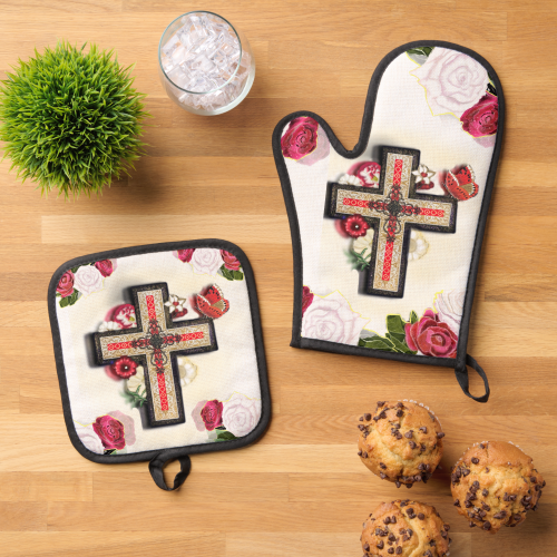 Elegant Vintage Floral Cross Design with A Red Butterfly