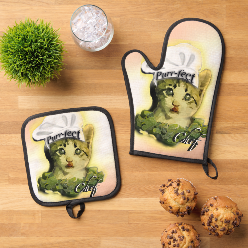 Cute Purr-fect Chef Design Oven Mitt and Pot Holder