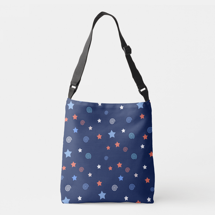 Zazzle Patriotic Stars and Spirals, Personalise with Name Crossbody Bag (Back).png