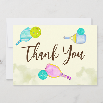 Zazzle Watercolor Theme Pickleball Light Birthday Party Thank You Card (Front).png