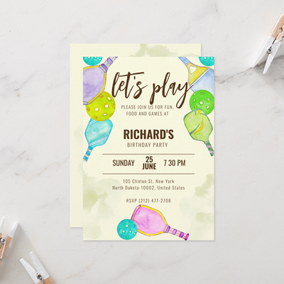 Zazzle Watercolor Theme Pickleball Light Birthday Party Invitation (Front_Back In Situ).png