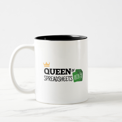 Zazzle Queen of spreadsheets Two-Tone coffee mug (Left).png