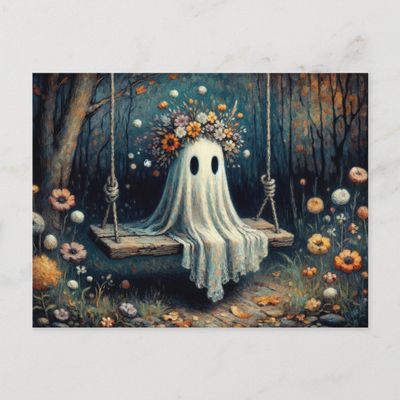 whimsical_cute_ghost_with_floral_crown_on_swing_postcard-r35d192bdf4d14f46b045e79d44b592a5_qdey1_1024