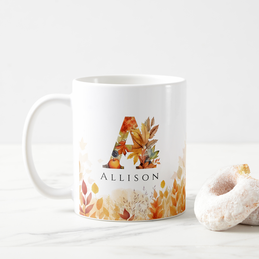 Zazzle Fall Monogram Letter A Autumn Foliage Coffee Mug (With Donut).png