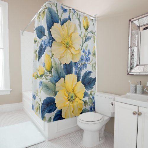 beautiful yellow and blue flowers shower curtain