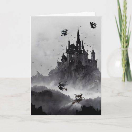 to the castle we fly halloween card
