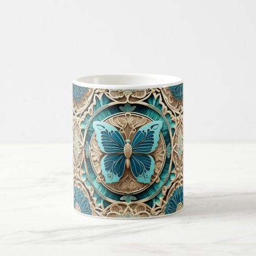 Aqua Butterfly on Tan Medallions