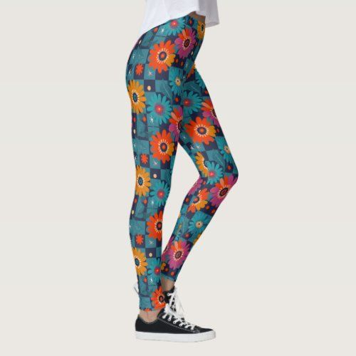 vibrant retro floral pattern with teal squares