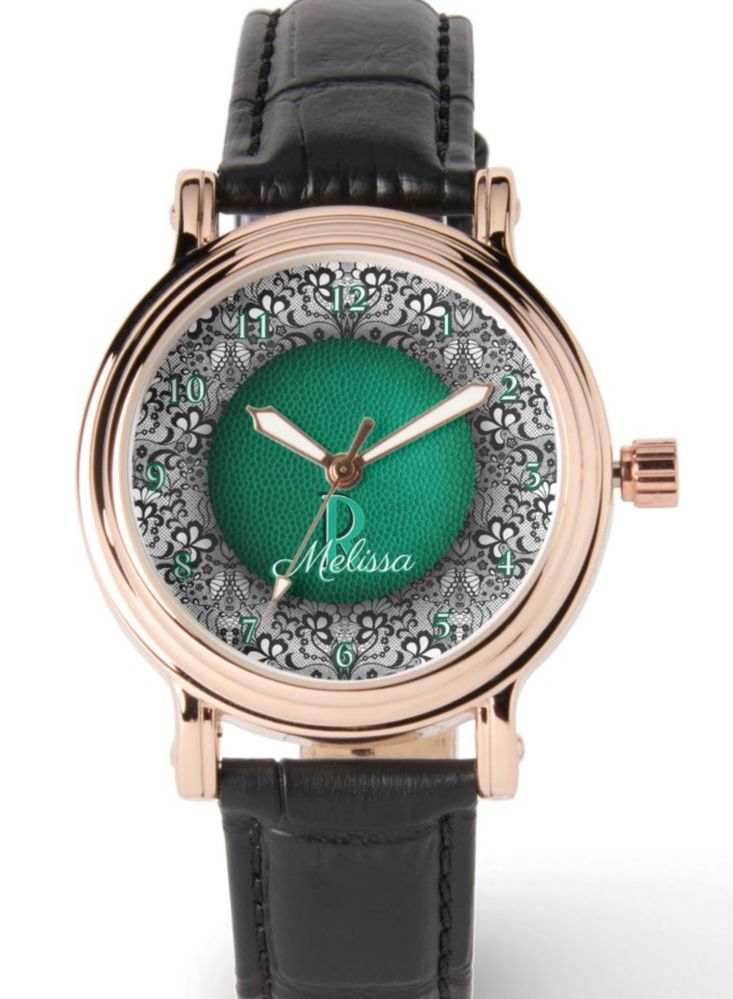 Green Leather and black lace chic monogrammed Watch