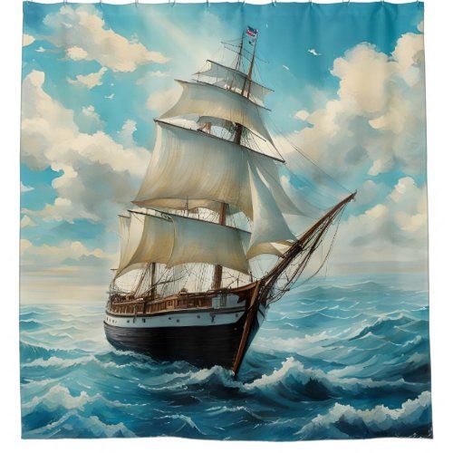 a tall ship and fair weather shower curtain