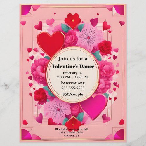 hearts and flowers on pink Valentine's Day dance invitation