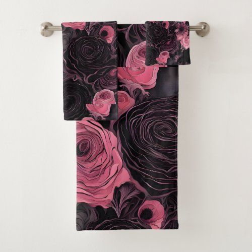 Romantic PINK and Black Gothic bath towel set.