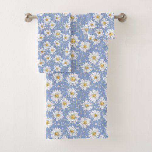 Sketchy White Daisies on Blue bath towel set