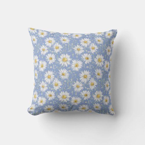 Sketchy White Daisies on Blue throw pillow