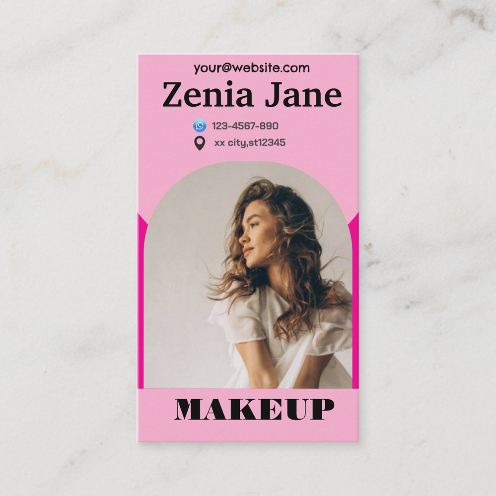 Zazzle Modern arch makeup pink photo qr code logo business card (Front).png