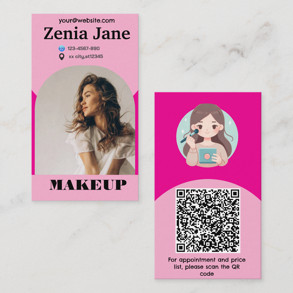 Zazzle Modern arch makeup pink photo qr code logo business card (Front_Back).png