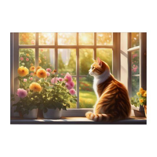 Cat and Flowers in a Sunny Window