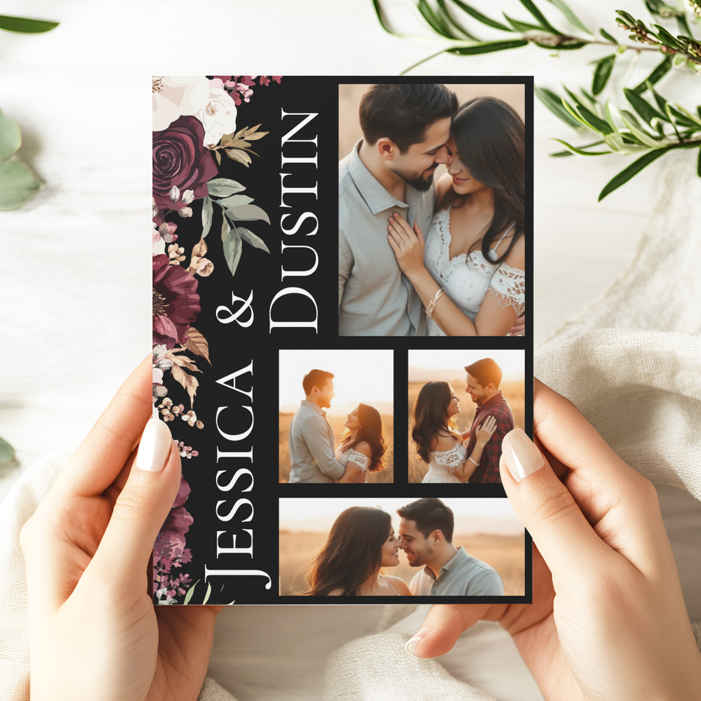 Zazzle Modern Burgundy Pink Floral Photo Collage Wedding Invitation (Back).png