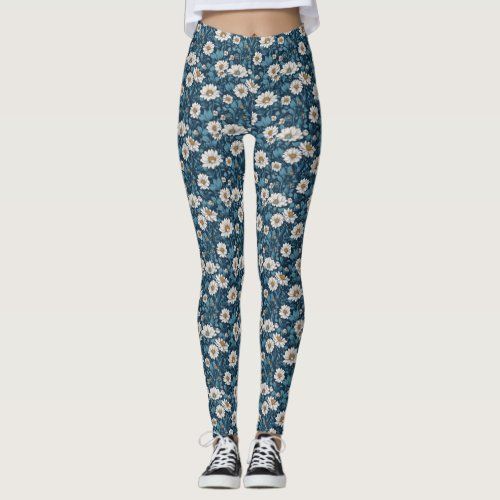 blue and white painted floral leggings