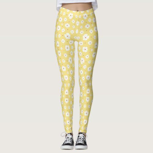 white flowers on sunny yellow background leggings