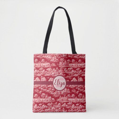 Red Toile de Jouy tote bag