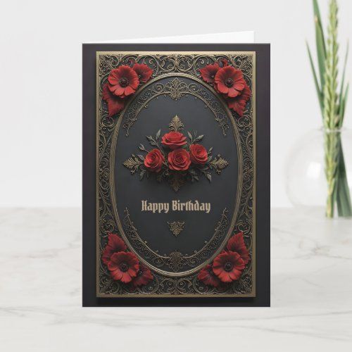 Gothic Frame with Red Flowers birthday card