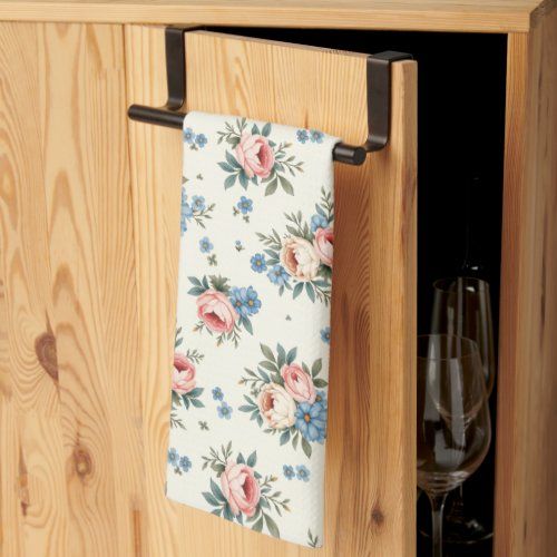 pretty pink and blue flowers kitchen towel