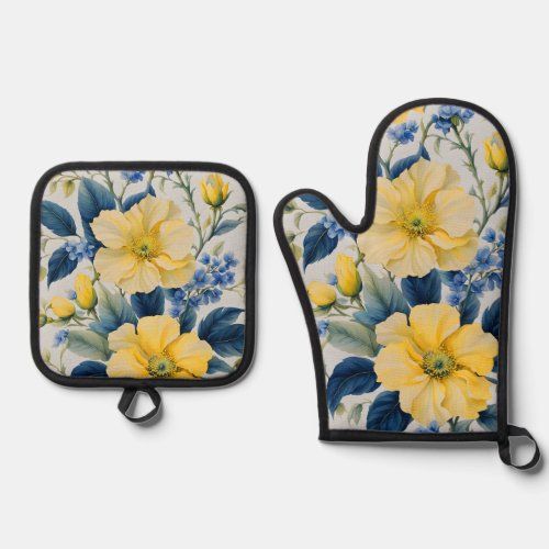 beautiful yellow and blue flower oven mitt & pot holder sets shower curtain