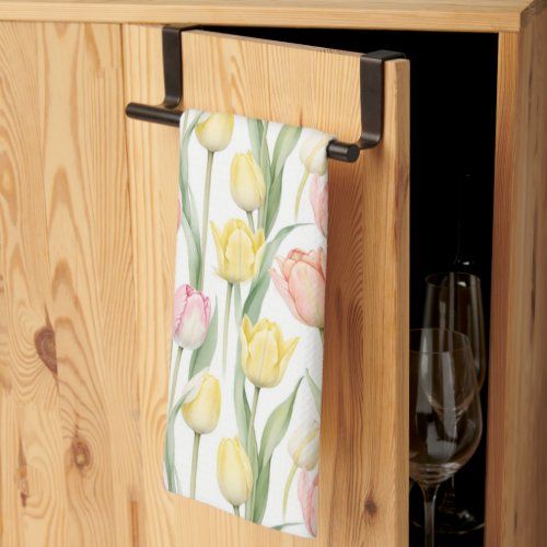 pastel yellow and pink tulips kitchen towel