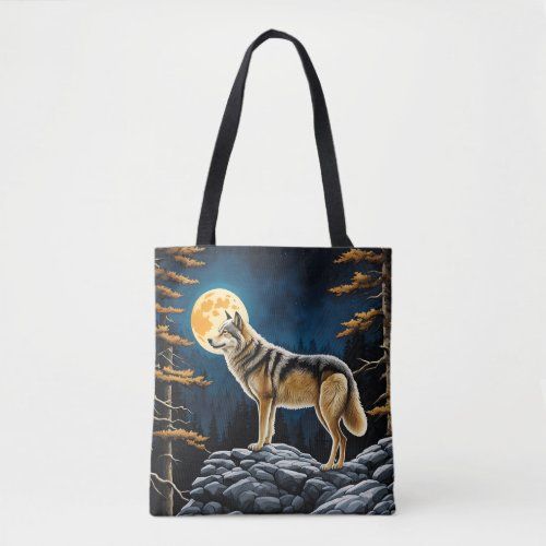 wolf in the forest with yellow moon tote bag