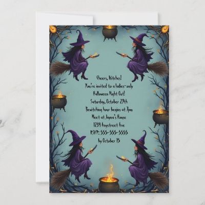 Witches on Brooms with Cauldrons invitation
