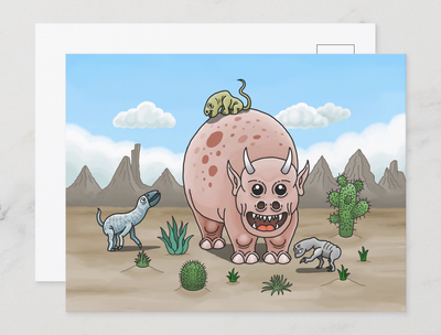 Zazzle Cozy Fantasy Dinosaurs in the Desert Postcard (Front_Back).png