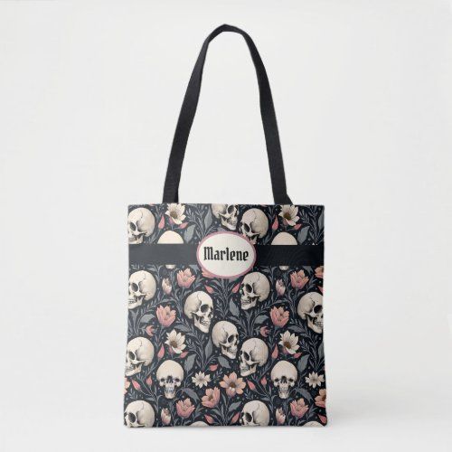 Dusty Pink Flowers and Skulls tote bag